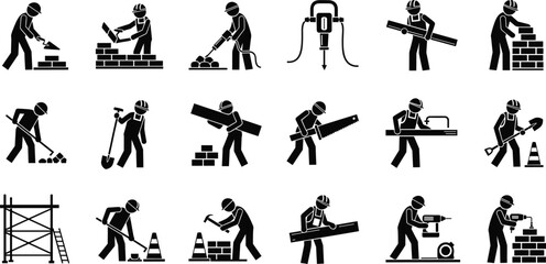 Construction worker icon set showing masonry, carpentry, drilling, lifting, measuring, shoveling, bricklaying, scaffold setup, cones, safety helmet silhouettes
