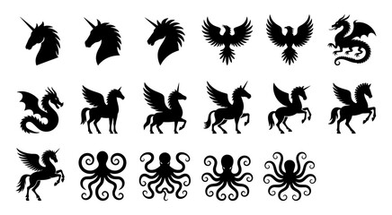 Mythical Fantasy Creature Silhouettes of Unicorn, Pegasus, Dragon, Octopus, Phoenix. Black Vector illustration set