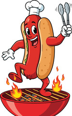 Happy hot dog chef grilling with utensils isolated on transparent background