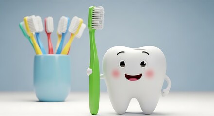 Cute cartoon tooth character with toothbrush and colorful toothbrushes in a holder
