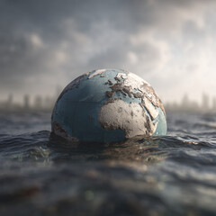 Half-submerged globe in rising water