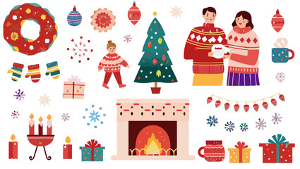 Illustration of a christmas themed scene with a family and holiday decorations present here