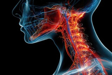 Human Head and Neck Anatomy Profile with Nerves and Blood Vessels