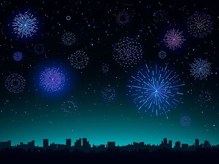Vibrant blue and purple fireworks exploding over a silhouetted city skyline at night