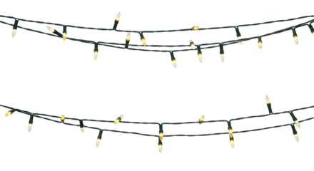 Two parallel strands of LED Christmas string lights with small bullet-shaped warm white bulbs and dark green wires, isolated on transparent with copy space, festive holiday atmosphere