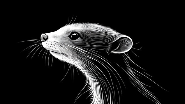 Illustration of a mongoose head in black and white style art on black background