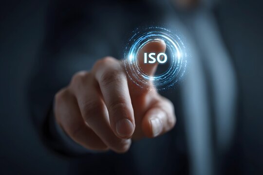 Man touching digital ISO button with glowing effect in a modern office setting