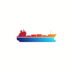 A colorful silhouette of a container ship with red orange and blue sections on a white background