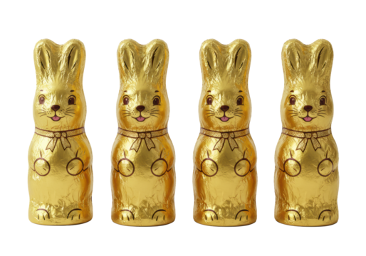 Four identical, highly detailed chocolate easter bunnies, each in crinkled gold foil, standing on a transparent background with soft shadows and copy space. Concept for easter product advertising