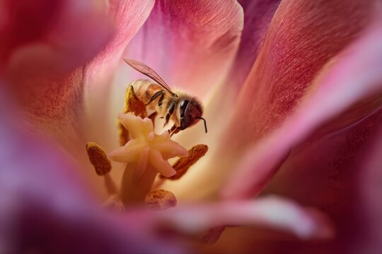 bee gathering pollen in pink flower