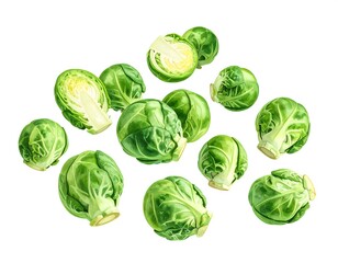 Fototapeta premium Watercolor illustration of fresh brussel sprouts floating on a white background
