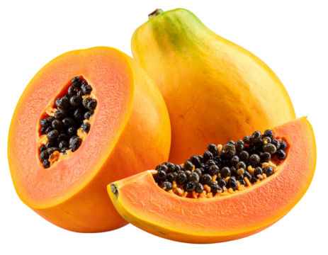 Whole and half ripe papaya fruit with seeds bundle isolated on transparent background PNG - Powered by Adobe