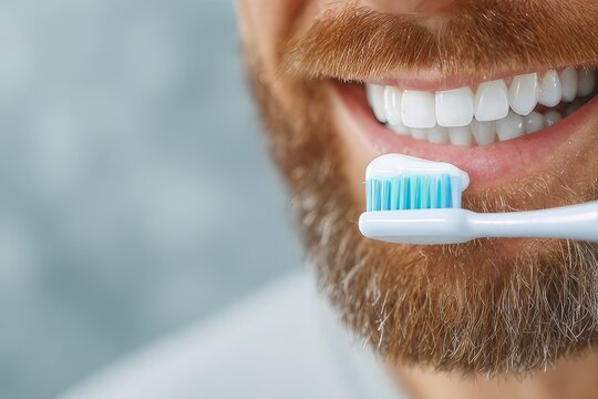 Smiling man with brown beard brushing white teeth with toothbrush and toothpaste