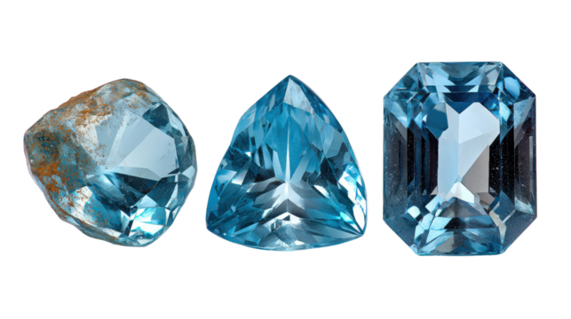 Trio of aquamarine gems in different shapes arranged in a row, isolated on a Transparent background, PNG file.