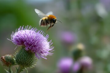 fluffy bee flying toward purple thistle