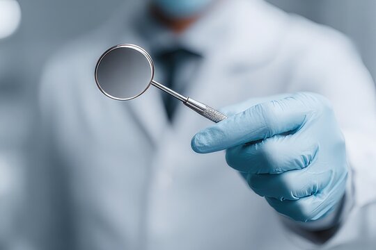 Medical professional in blue gloves and mask holding dental mirror - Powered by Adobe