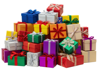 A large, overflowing pile of metallic gift boxes in vibrant colors, wrapped with luxurious ribbons and bows on a transparent background, Concept of lavish celebration and gifting