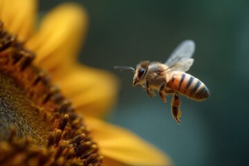 honey bee flying near sunflower