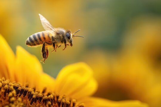 honeybee hovering near bright yellow sunflower