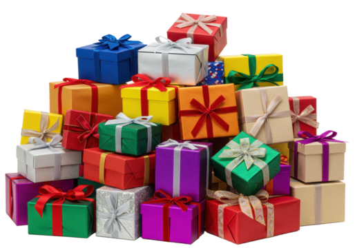 A large, overflowing pile of metallic gift boxes in vibrant colors, wrapped with luxurious ribbons and bows on a transparent background, Concept of lavish celebration and gifting
