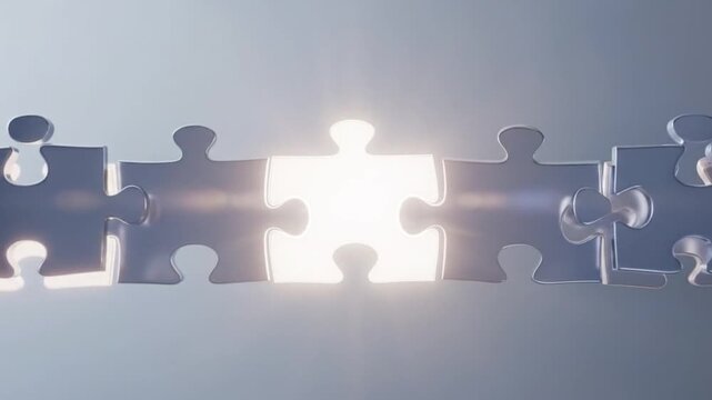 Puzzle Pieces Assembled Showing Bright Glowing Light In Center Isolated On Light Gray Gradient Background With Lens Flare And Reflection Subtle Surface