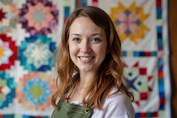 happy young female quilter or artisan in a green apron, smiling proudly in front of a colorful handmade patchwork quilt