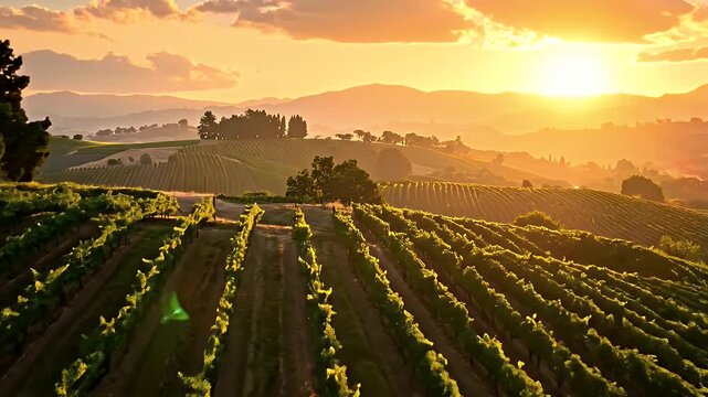 Golden Sunset Over Rolling Hills Covered In Lush Green Vineyard Rows With Distant Silhouetted Trees And Mountains Warm