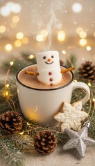 Cozy Marshmallow Snowman in Hot Chocolate Christmas Scene

