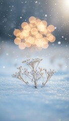 Snowy Winter Field with Frosted Wildflowers and Golden Bokeh Lights
