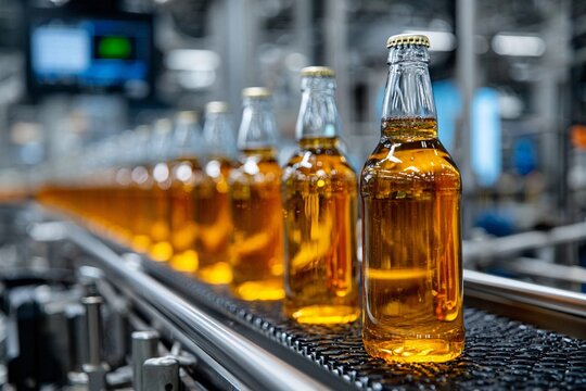 Bottles of golden beverage moving along a production line in a modern factory during daytime operations