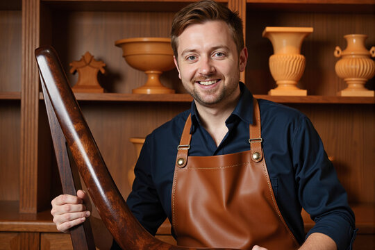 Happy male woodworker or artisan in a leather apron, smiling proudly in his workshop while holding a large, polished wooden object - Powered by Adobe