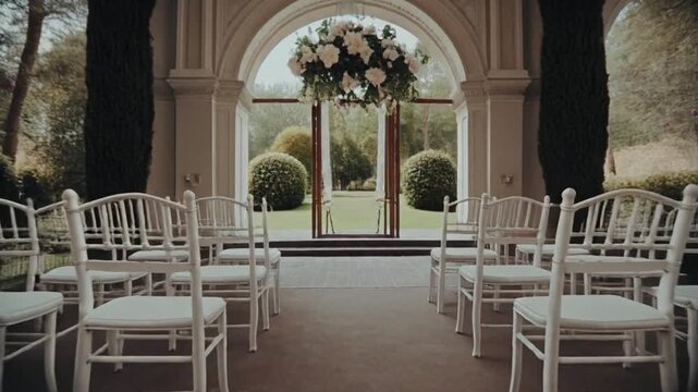 A cinematic steadicam approach shot through symmetrical rows of classic European-style wedding chairs set in front of a grand outdoor archway. Soft natural lighting with filmic color grading, exclusiv