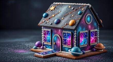 Futuristic gingerbread house in cosmic theme with meteorite-chocolate roof shimmering with edible star dust, with space for text	  