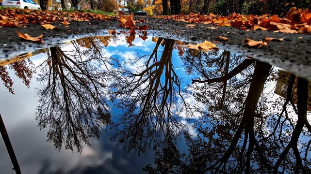 Vibrant Orange Maple Leaf Reflecting in Rainy Puddle Under Cloudy Sky Surrounded by Autumn Leaves