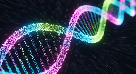 Stunning colorful DNA strand spinning in space for modern science, technology, and medical breakthroughs visuals and presentations on dark background