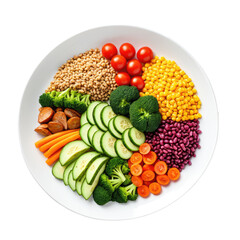 Colorful bowl with grains, vegetables, cucumber, tomatoes, and beans