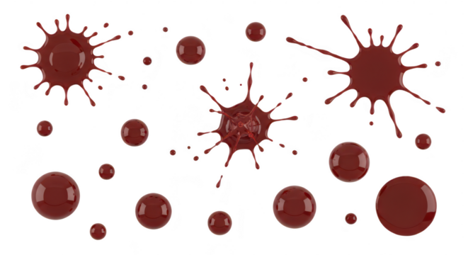 Red liquid splashes and spheres splatter fluid