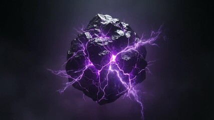 Dark Asteroid Emitting Pulsating Purple Lightning Energy Against Smoky Dark Background Dramatic SciFi Visual - Powered by Adobe