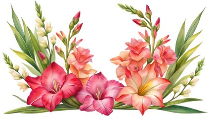 Obraz premium Watercolor gladiolus flowers, vibrant pink and orange floral border design