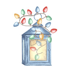 Lantern with Christmas lights festive garland watercolor illustration. Vintage oil lamp for winter holiday card design. Hand-drawn antique kerosene flashlight clipart for prints, packaging, textiles.
