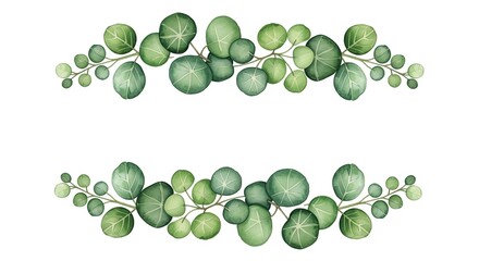 Watercolor eucalyptus leaves arranged in two decorative border stripes. Green foliage creates elegant frame design. Perfect for wedding invitations, greeting cards, and botanical themes.