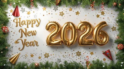 Golden balloons announce happy new year 2026 amidst festive decorations