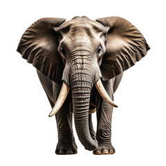 Majestic elephant stands with large tusks against a dark background