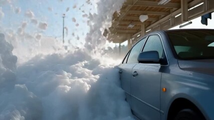 Blue sedan in action at self-service car wash with foamy bubbles on a sunny day - Powered by Adobe
