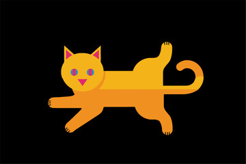 A simple stylized illustration of a playful orange cat with blue eyes running or jumping, isolated on a solid black background