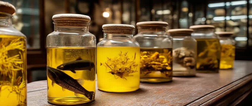 A dreamlike scientific atmosphere is created by the presentation of preserved marine specimens in glass jars filled with yellow fluid.  Anatomical features and the setting for research collections are