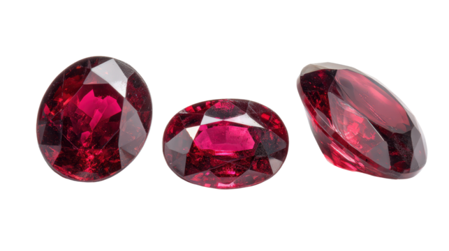 Trio of rubies in round, oval, and marquise cuts arranged side by side, isolated on a Transparent background, PNG file.