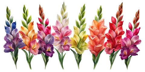Vibrant watercolor gladiolus flowers, various colors, on white background.