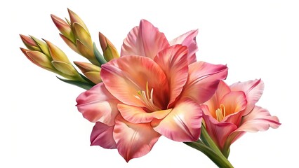 Elegant pink and peach gladiolus flowers with fresh green buds, isolated.