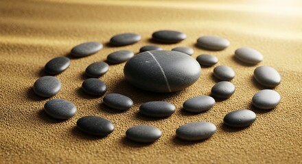 Zen stones circle on fine sand promoting tranquility and mindfulness